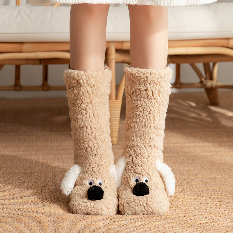 Cute Cartoon Dog Floor Socks Winter Warm Non-slip Plush Socks For Wamen Brief Boxers