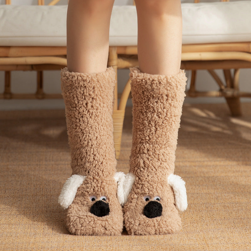 Cute Cartoon Dog Floor Socks Winter Warm Non-slip Plush Socks For Wamen Brief Boxers