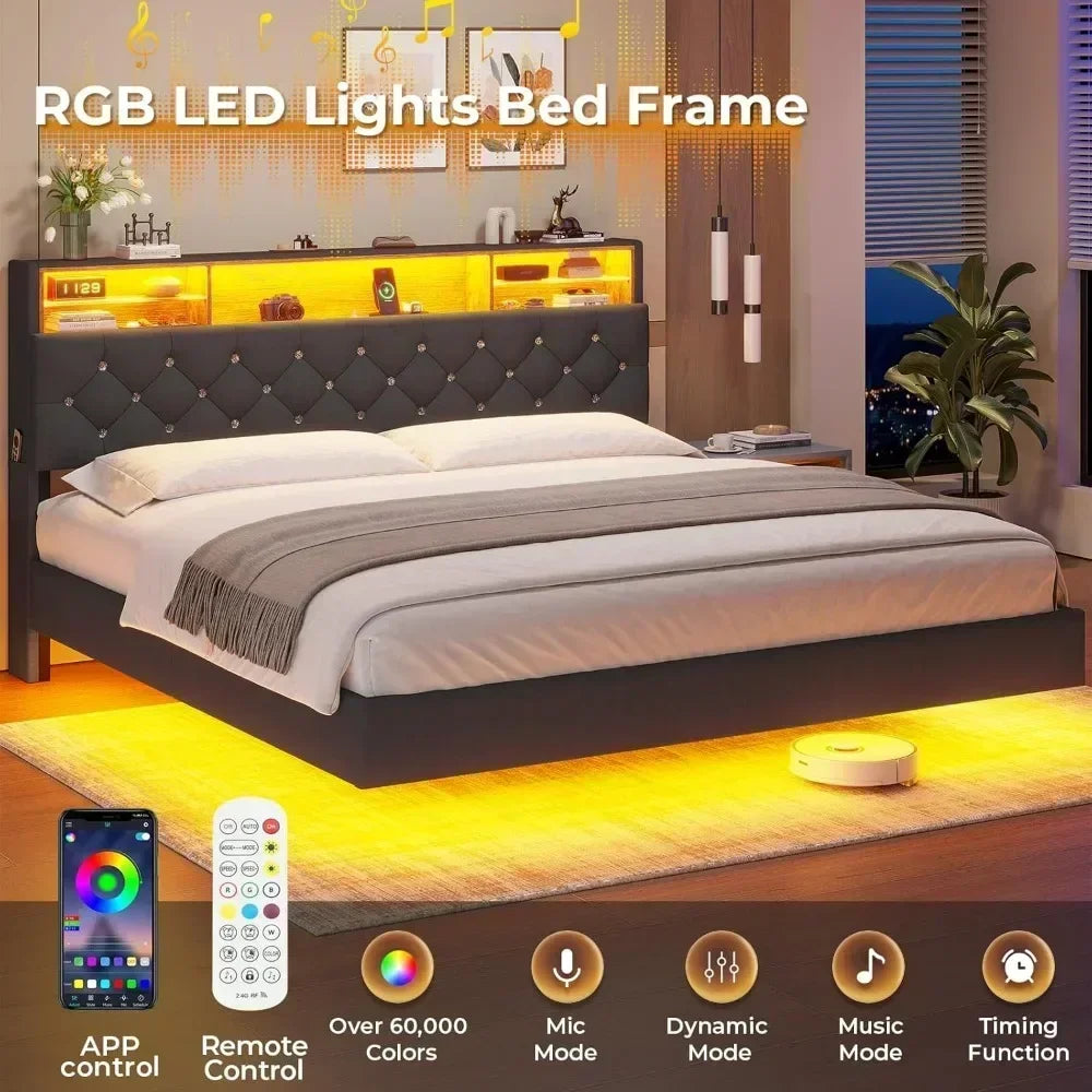 Bed Frame with Charging Station & Hidden Storage Headboard, King with LED Lights, Crystal Button Tufted Upholstered Bed Frame Brief Boxers