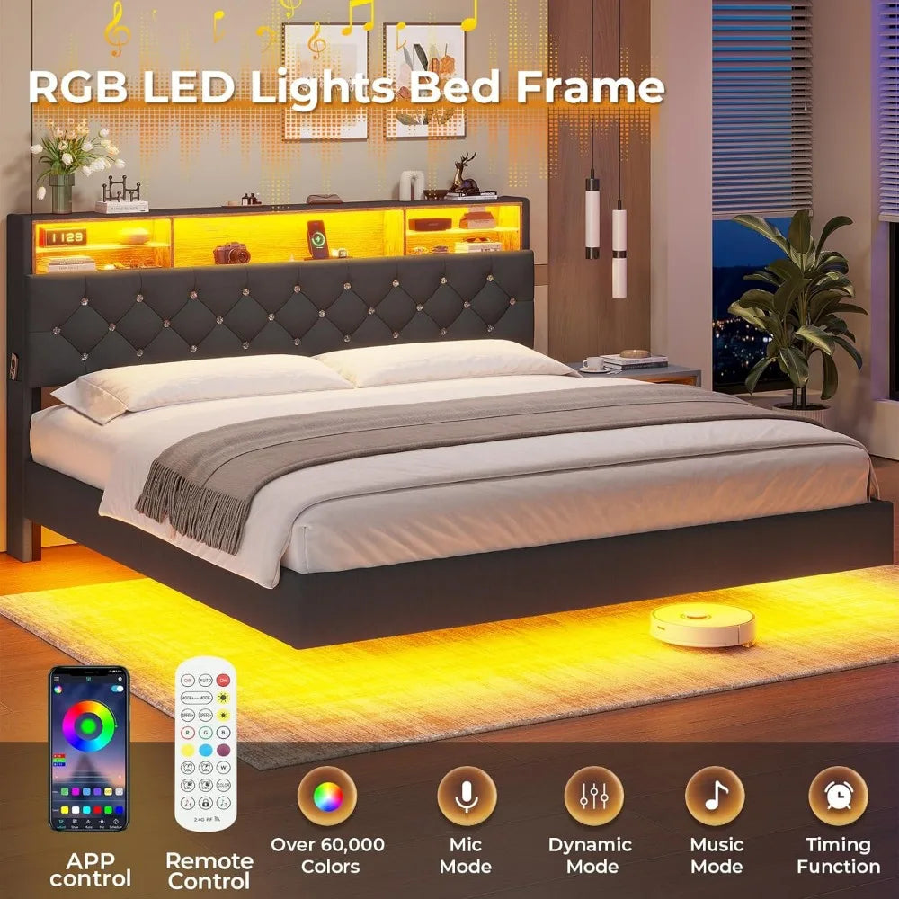 Bed Frame with Charging Station & Hidden Storage Headboard, King with LED Lights, Crystal Button Tufted Upholstered Bed Frame Brief Boxers