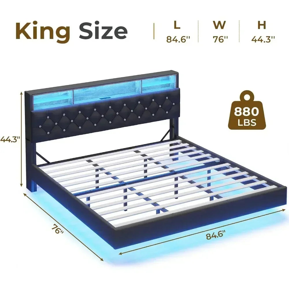 Bed Frame with Charging Station & Hidden Storage Headboard, King with LED Lights, Crystal Button Tufted Upholstered Bed Frame Brief Boxers
