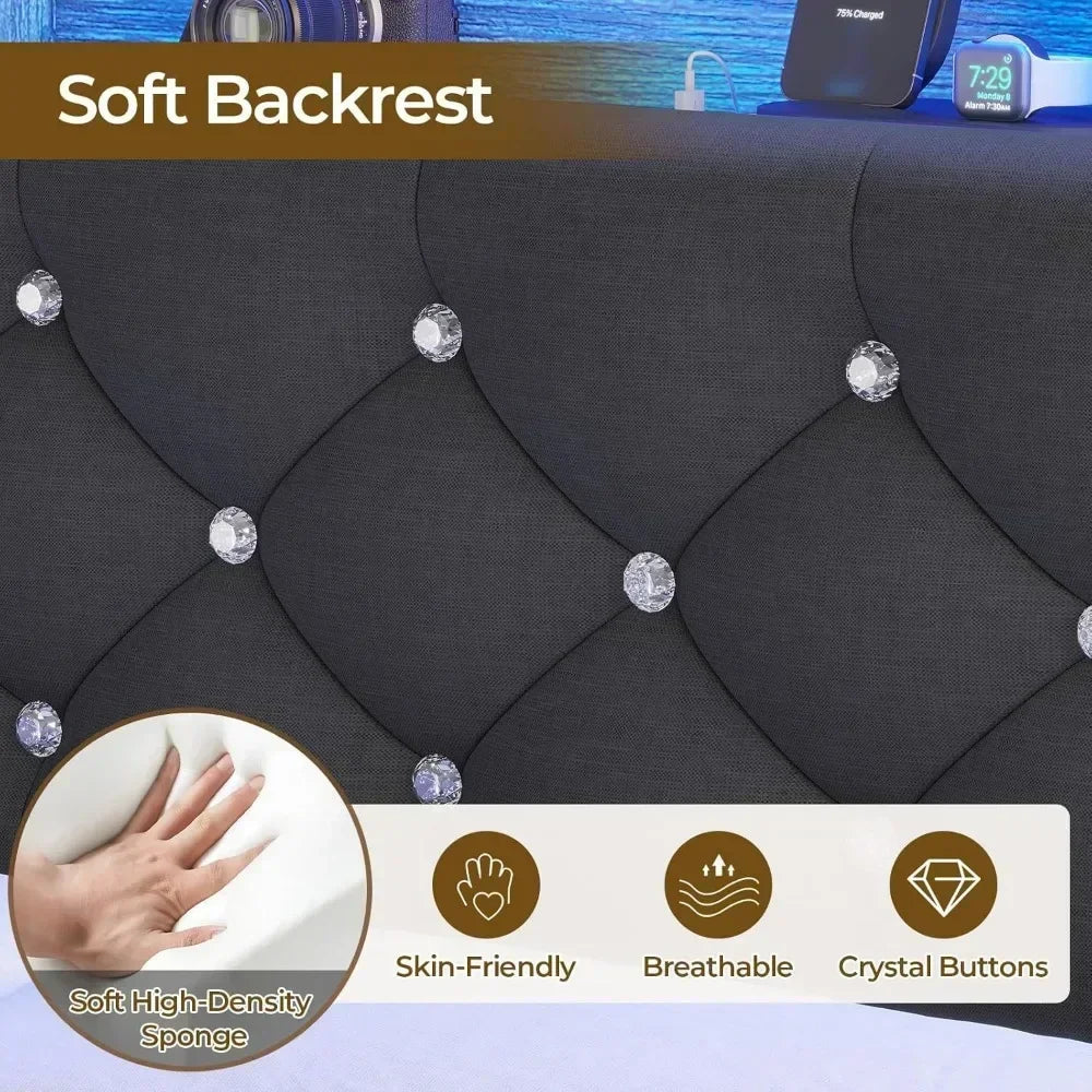 Bed Frame with Charging Station & Hidden Storage Headboard, King with LED Lights, Crystal Button Tufted Upholstered Bed Frame Brief Boxers