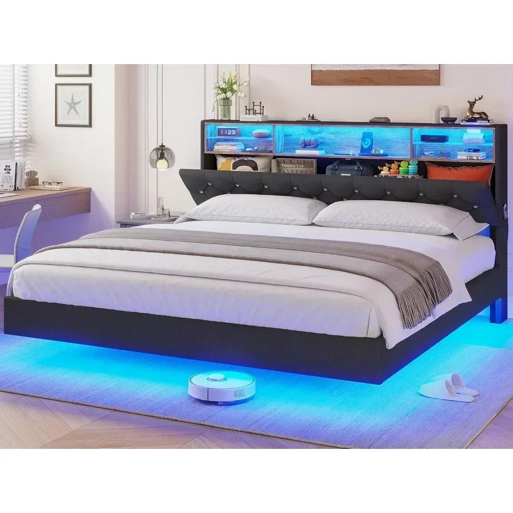 Bed Frame with Charging Station & Hidden Storage Headboard, King with LED Lights, Crystal Button Tufted Upholstered Bed Frame Brief Boxers