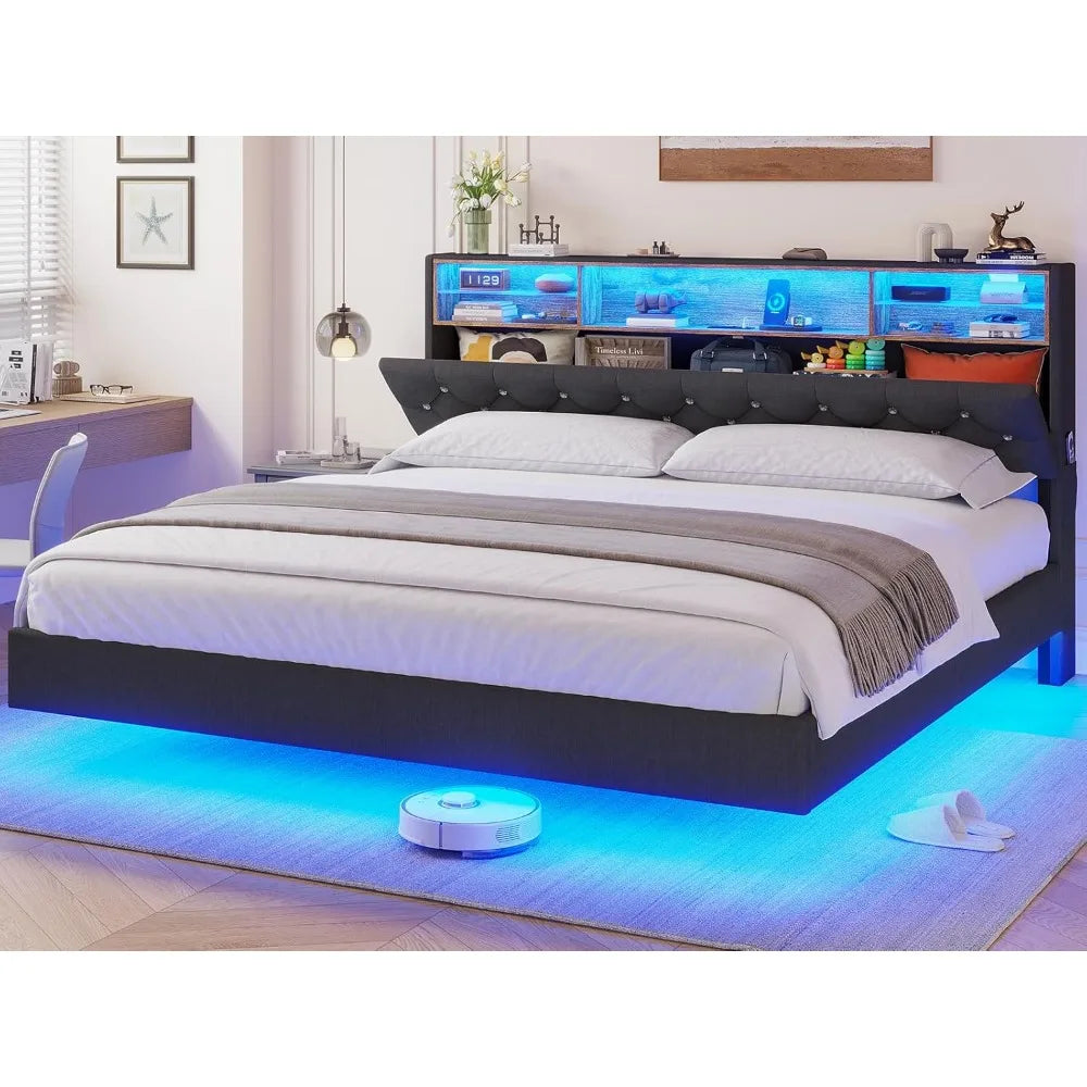 Bed Frame with Charging Station & Hidden Storage Headboard, King with LED Lights, Crystal Button Tufted Upholstered Bed Frame Brief Boxers