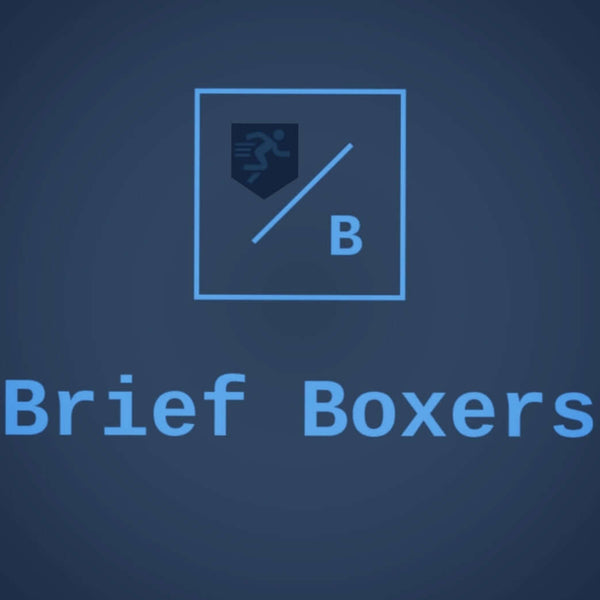 Logo design featuring "Brief Boxers" with a dynamic icon on a blue background.