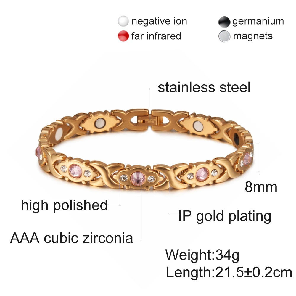 Vinterly Magnetic Bracelet Women Chain Crystal Gold-color Stainless Steel Bracelet Women Cross Health Energy Bracelets for Women