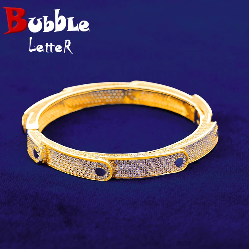 Bubble Letter Iced Irregular Multilateral Figure Bangle Real Gold Color Women Bracelet Hip Hop Jewelry