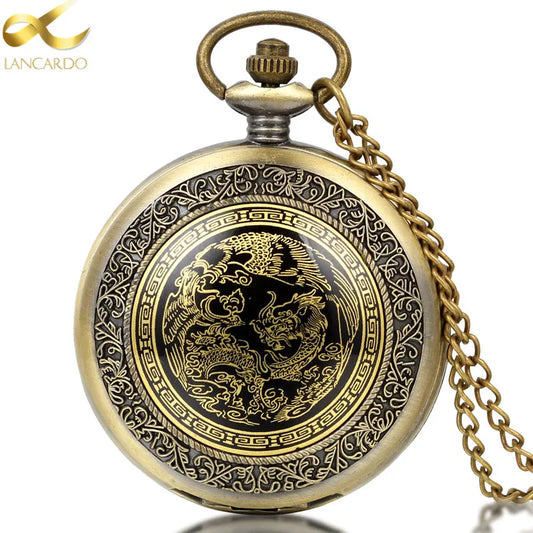 Lancardo New Bronze Angling Quartz Antique Dragon Pocket Watch For Men And Women Necklace Free Chain Gifts Analog Watches Gifts