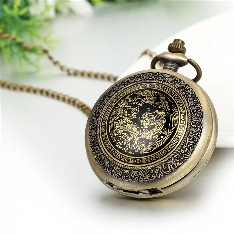 Lancardo New Bronze Angling Quartz Antique Dragon Pocket Watch For Men And Women Necklace Free Chain Gifts Analog Watches Gifts