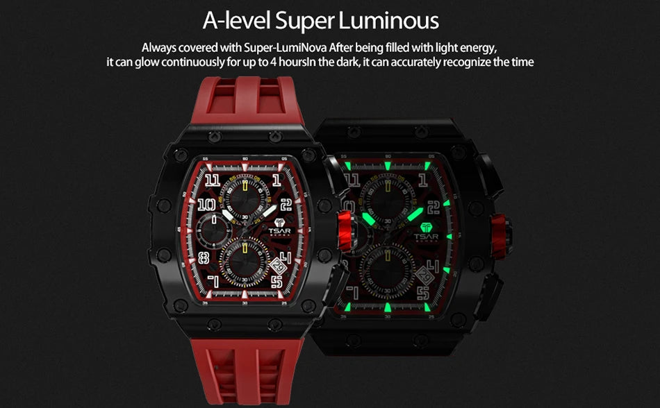 TSAR BOMBA Tonneau Mens Watches Sapphire Crystal Red Wristwatch Waterproof Chronograph Date Clock Luxury Christmas Gift for Men Brief Boxers