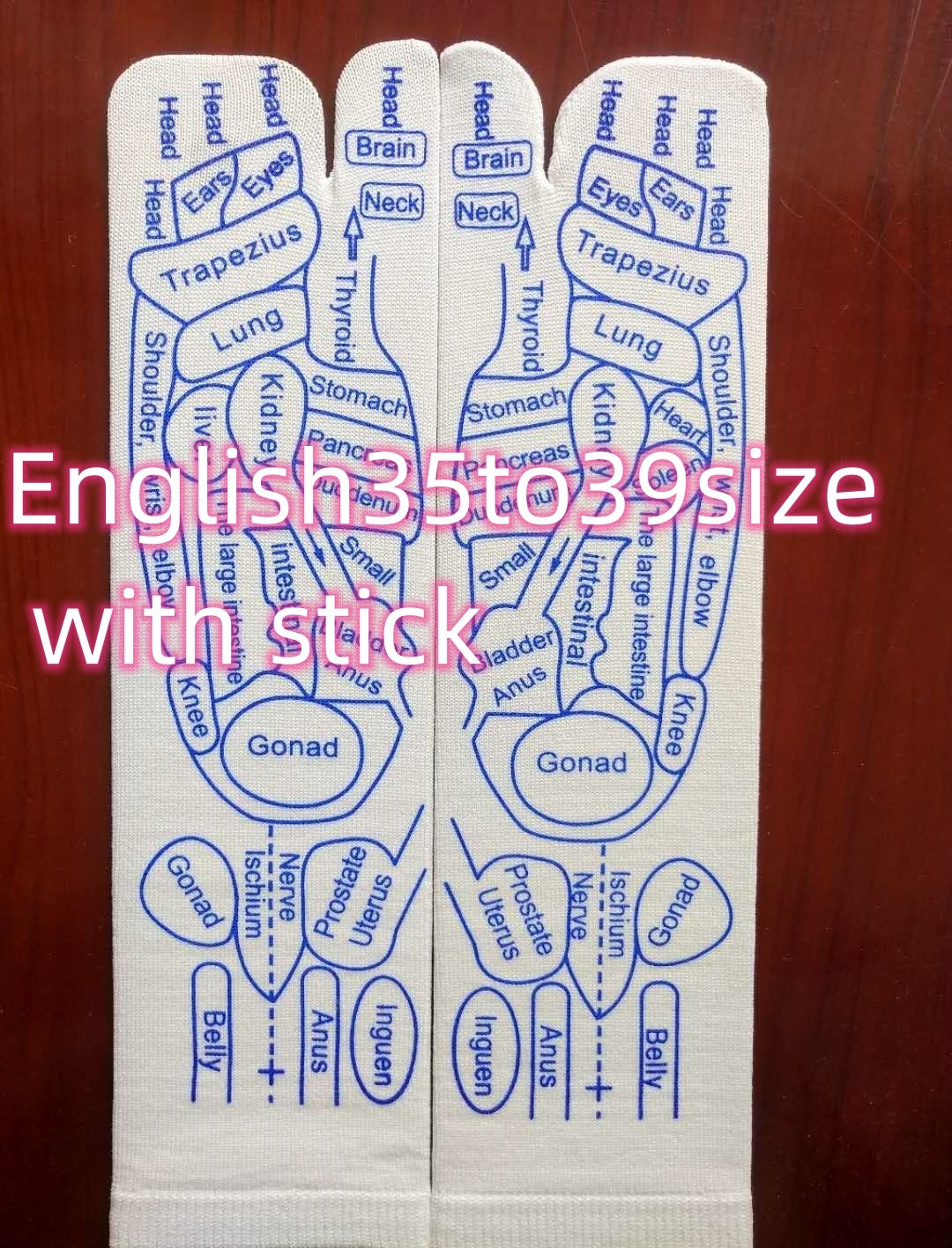 Acupressure reflexology socks with foot diagrams for organ and system identification, English size 35 to 39, includes massage stick.