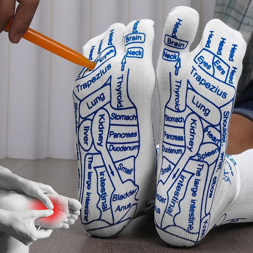 Reflexology socks with acupressure points labeled for massage therapy and relief, demonstrating use with a massage stick.