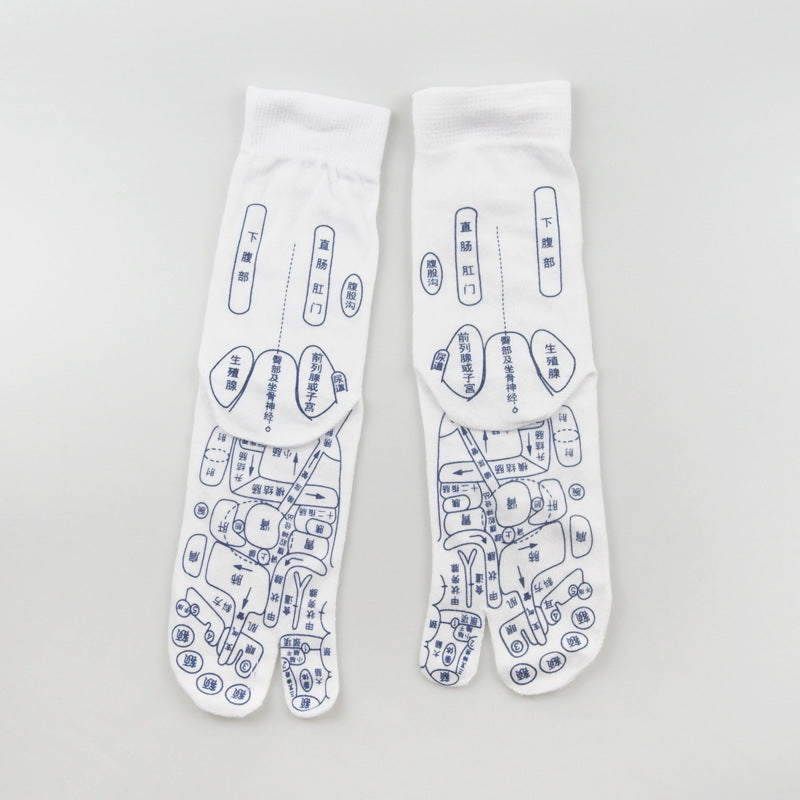 Reflexology acupressure socks with diagrams for identifying acupuncture points and enhancing foot massage therapy.