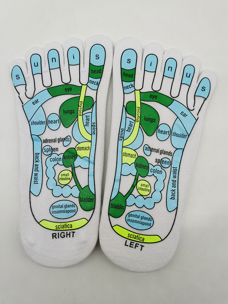 Acupressure reflexology socks showing foot charts for targeting acupuncture points and enhancing therapeutic treatment.