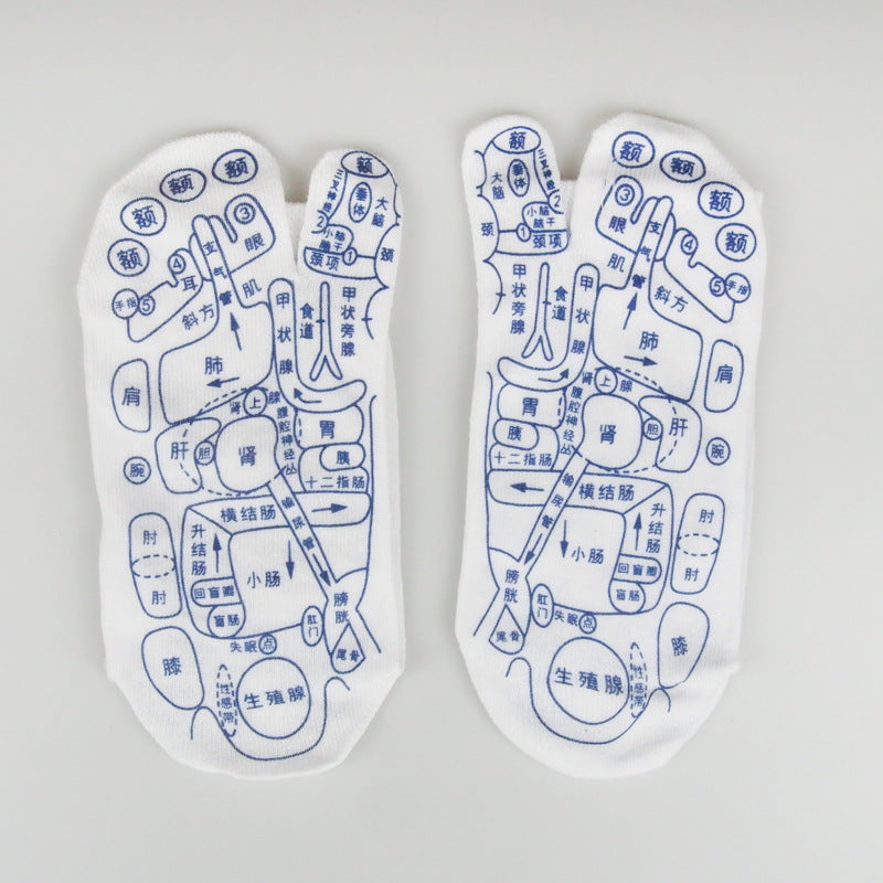 Reflexology socks with acupressure point diagrams for massage and foot therapy.