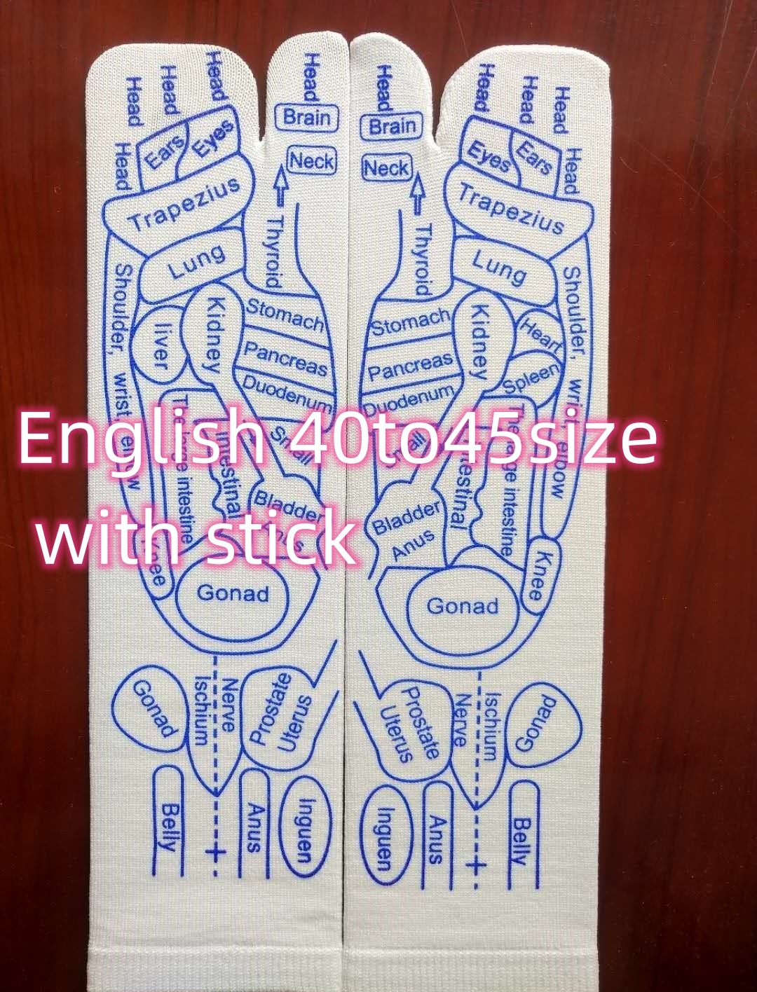 Reflexology socks with acupressure diagrams for foot massage, size 40-45, includes massage stick, English labeling