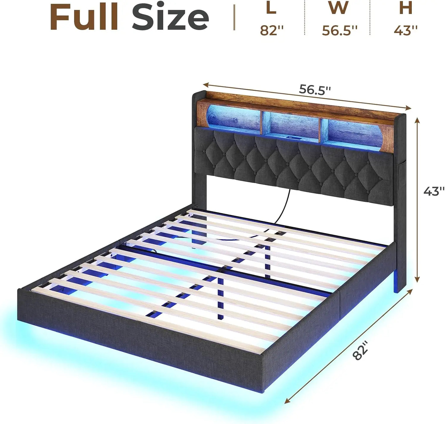 Floating Bed Frame, Floating Platform Bed with Charging Station with LED Lights & Storage Headboard, Modern LED Floating Bed