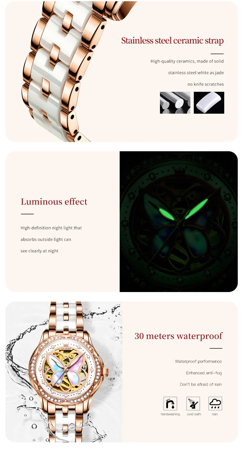 OLEVS 6615 Hollow Dress Mechanical Watch For Women Butterfly Dial Luminous Fashion Wristwatch Deep Waterproof Woman Watches Brief Boxers