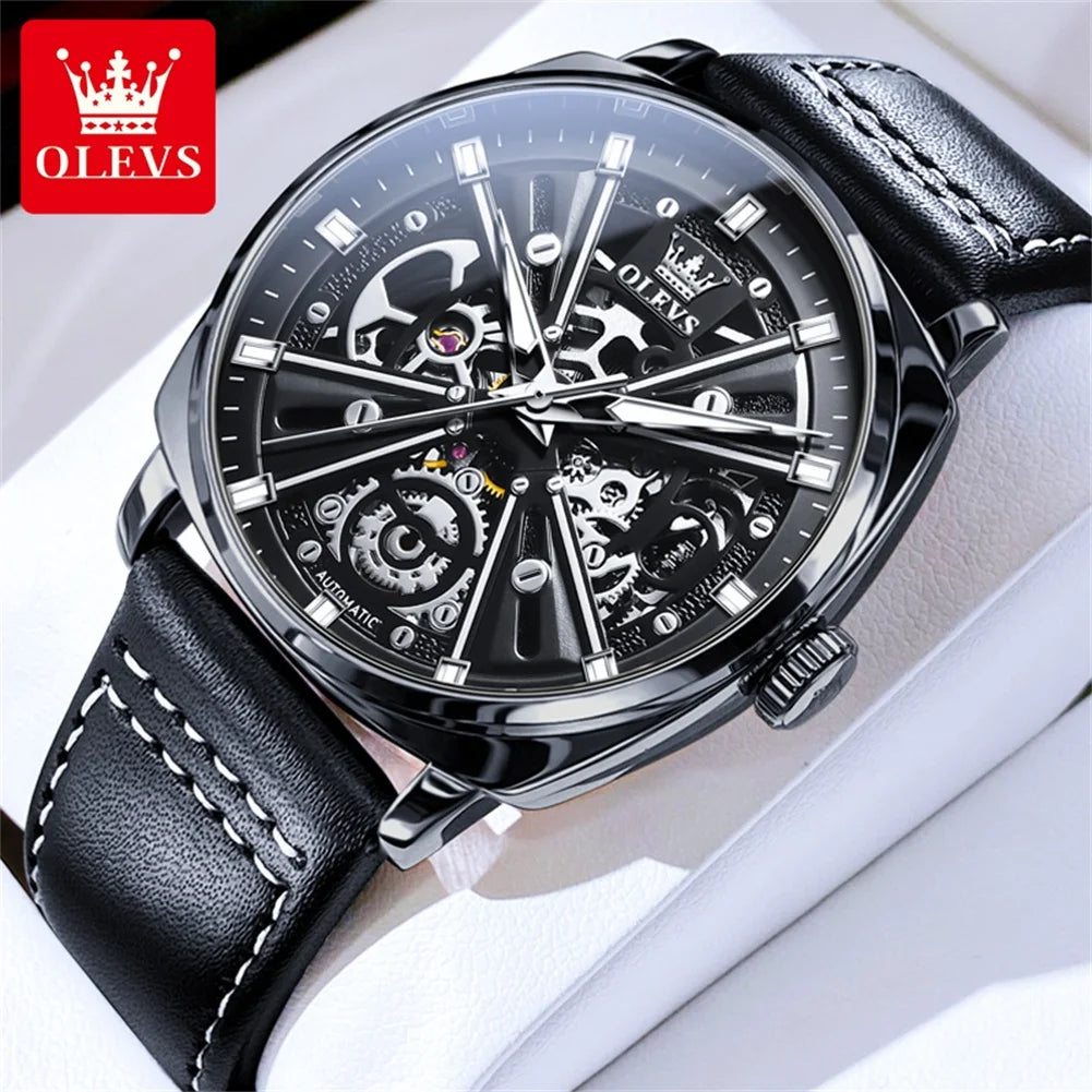 OLEVS 6685 Luxury Automatic Dress Wristwatch Hollow Skeleton Mechanical Watch For Men Waterproof Luminous Leather Man Watch 2024 Brief Boxers