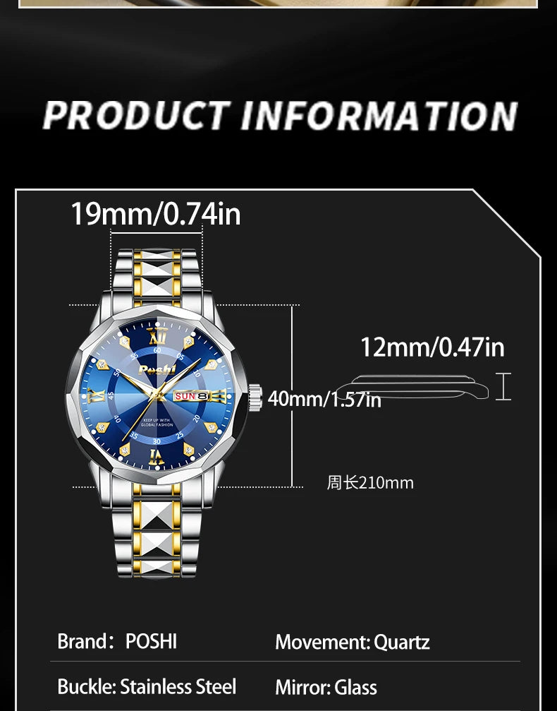 POSHI Men's Watch Date Week Fashion Watch Men Original Waterproof Non-mechanical Luminous Dual Calendar Quartz Wristwatch Brief Boxers