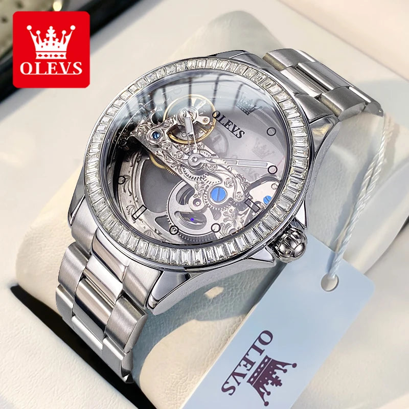 OLEVS 6699 Luxury Original Mechanical Watch For Women Hollow Skeleton Top Brand Wristwatch Waterproof Fashion Woman Watches 2024 Brief Boxers