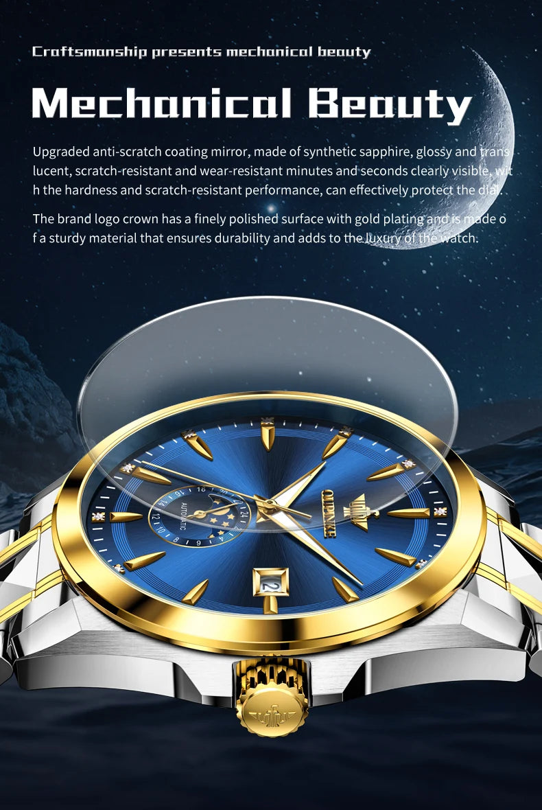 OUPINKE 3292 Fashion Moon Phase Men Automatic Watch 50M Deep Waterproof Mechanical Watch For Men Date Business Man Wristwatch Brief Boxers