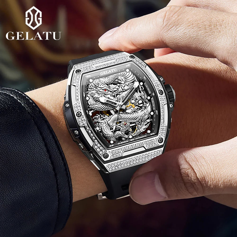 GELATU 6021 Hollow Dragon Luxury Mechanical Watch For Men Big Dial Automatic Wristwatch Deep Waterproof Luminous Man Watches Brief Boxers