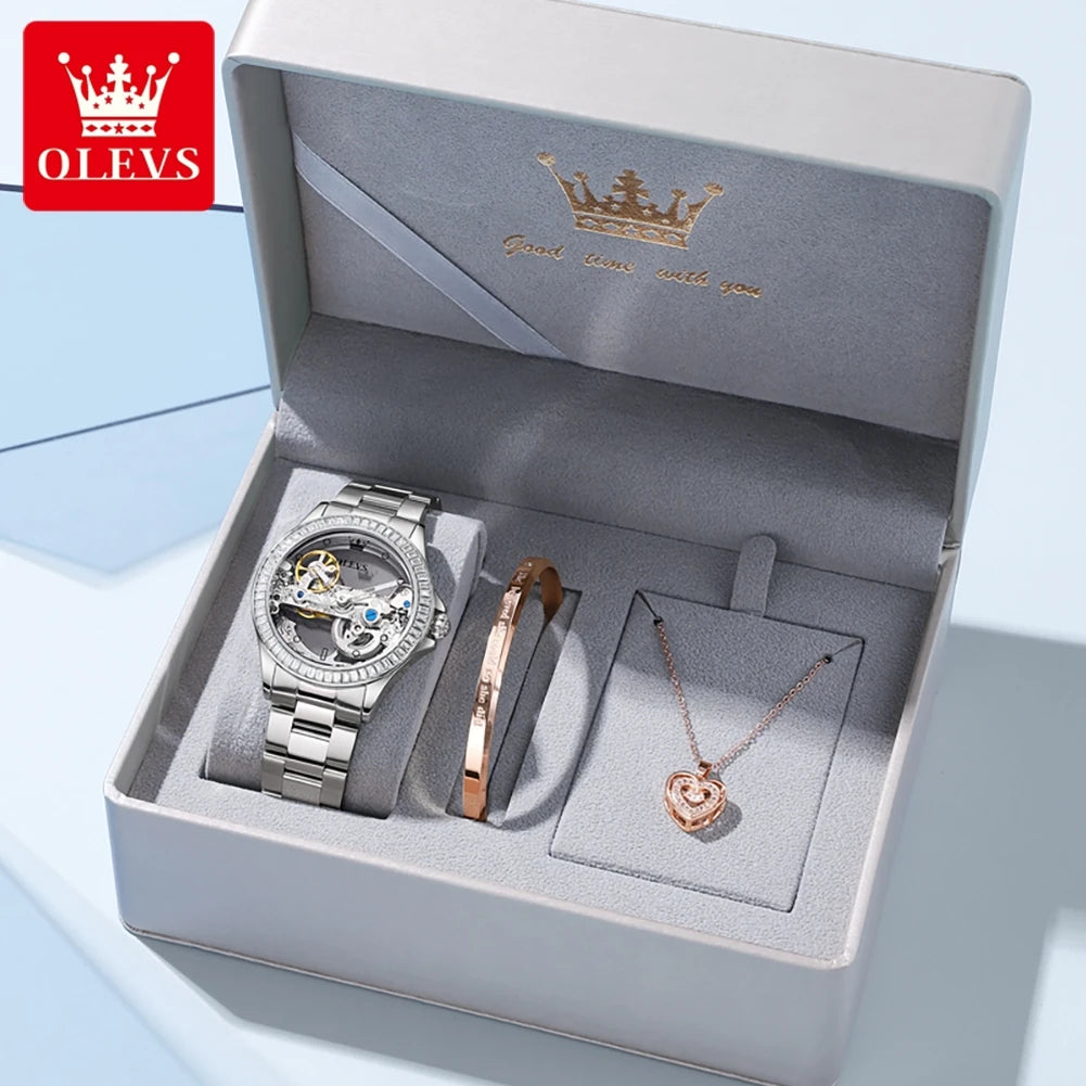 OLEVS 6699 Luxury Original Mechanical Watch For Women Hollow Skeleton Top Brand Wristwatch Waterproof Fashion Woman Watches 2024 Brief Boxers