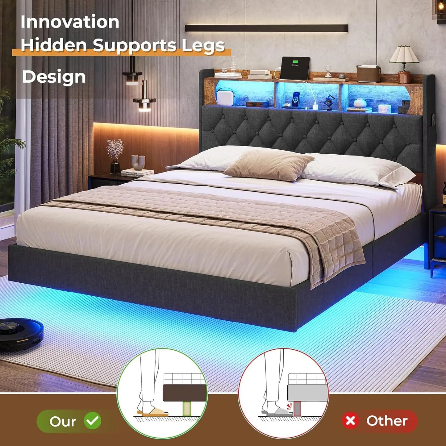 Floating Bed Frame, Floating Platform Bed with Charging Station with LED Lights & Storage Headboard, Modern LED Floating Bed