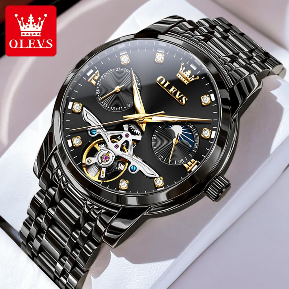 OLEVS 6703 Diamond Scale Luxury Mechanical Man Wristwatch Hollow Skeleton Luminous Waterproof Watch For Men Moon Phase Watches Brief Boxers