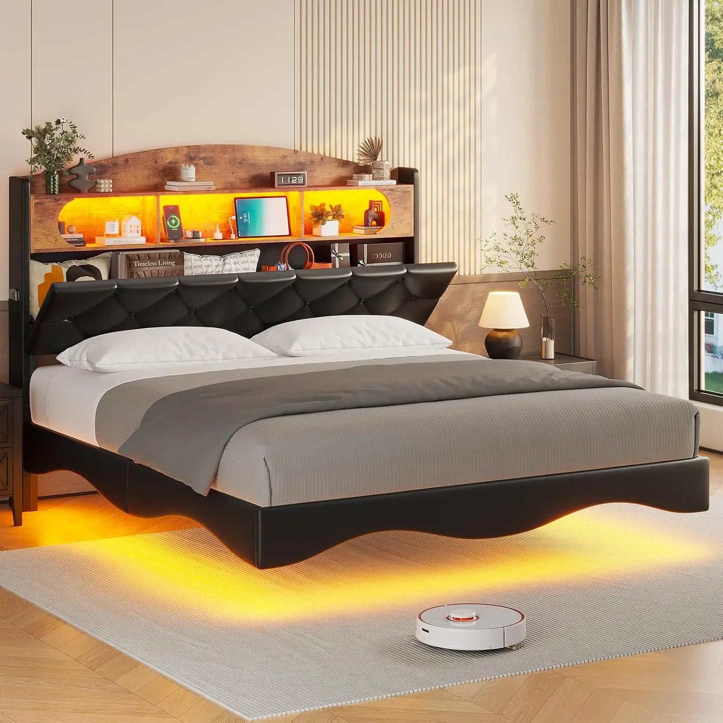 Floating Bed Frame Queen Size with Storage Headboard & Led Lights,Leather Upholstered Platform Bed with Charging Station,RGB Bed