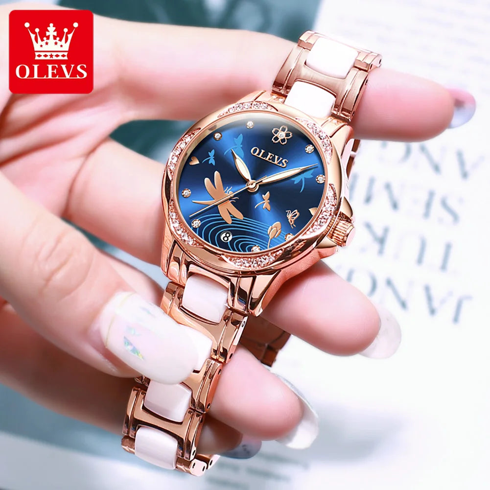 OLEVS 6610 Fashion Top Brand Mechanical Watch For Women Auto Date Ceramic Steel Strap Wristwatch Waterproof Luminous Woman Watch Brief Boxers