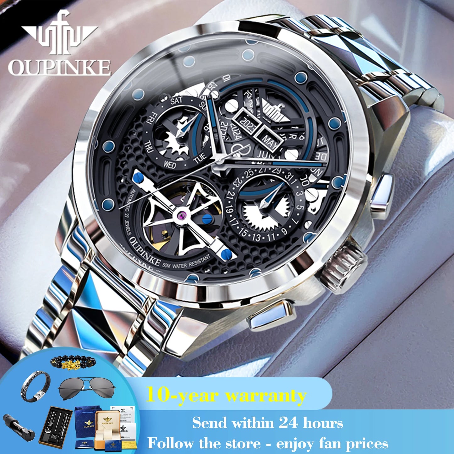 OUPINKE 3249 Top Brand Original Mechanical Watch For Men Hollow Skeleton Synthetic Sapphire Mirror Wristwatch Waterproof Watches Brief Boxers