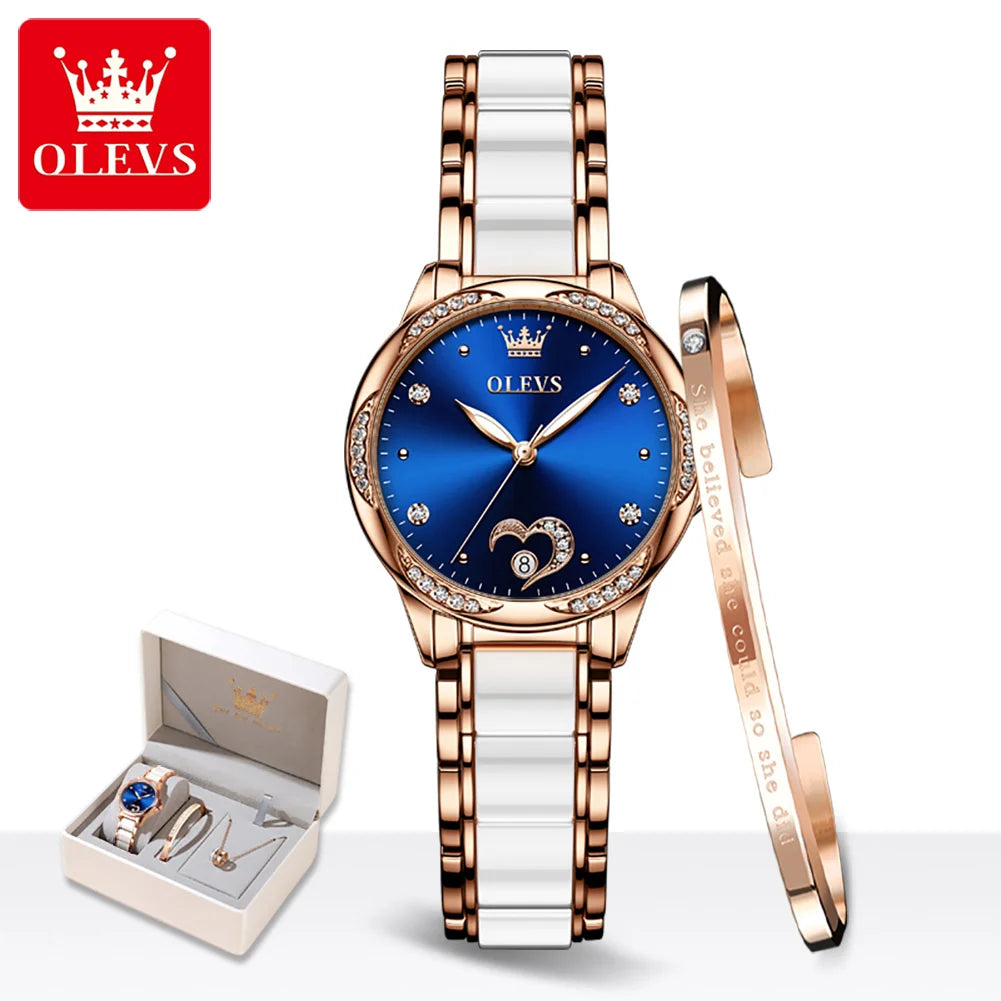 OLEVS 6631 Luxury Date Mechanical Watch For Women Original Ceramic Steel Strap Woman Wristwatch Deep Waterproof Dress Watches Brief Boxers