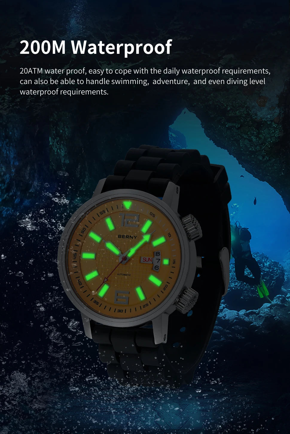 Miyota 8205 20ATM Diver Automatic Mechanical Watch Men Sport Luminous Sapphire Waterproof Wristwatch Swimming Self Winding Watch