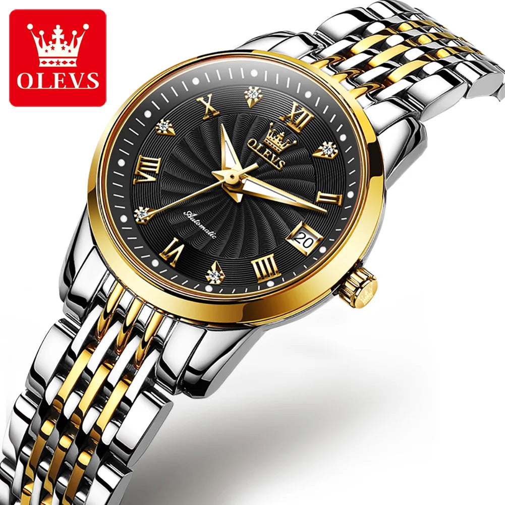 OLEVS 6630 Auto Date Mechanical Watch For Women Stainless Steel Luminous Fashion Wristwatch Roman Scale Waterproof Woman Watches Brief Boxers