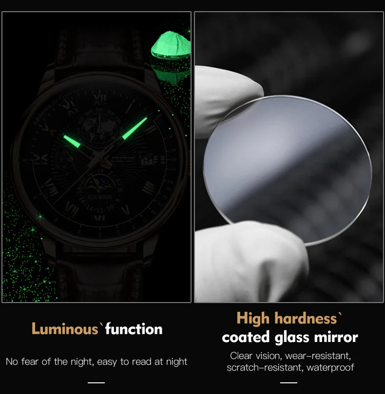 JSDUN 8909 Top Brand Mechanical Watch For Men 24 Hours Display Original Wristwatch Moon Phase Waterproof Classic Man Watches Brief Boxers