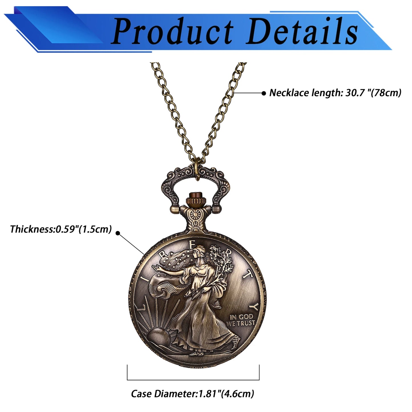 LANCARDO Vintage Bronze American Statue of Liberty Quartz Pocket Watch Chain Unisex Men's Sweater Chain Necklace Pocket Watch