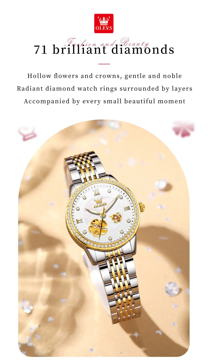 OLEVS 6706 Diamond Scale Luxury Woman Automatic Watch Hollow Mechanical Luminous Watch For Women Classic Waterproof Wristwatch Brief Boxers