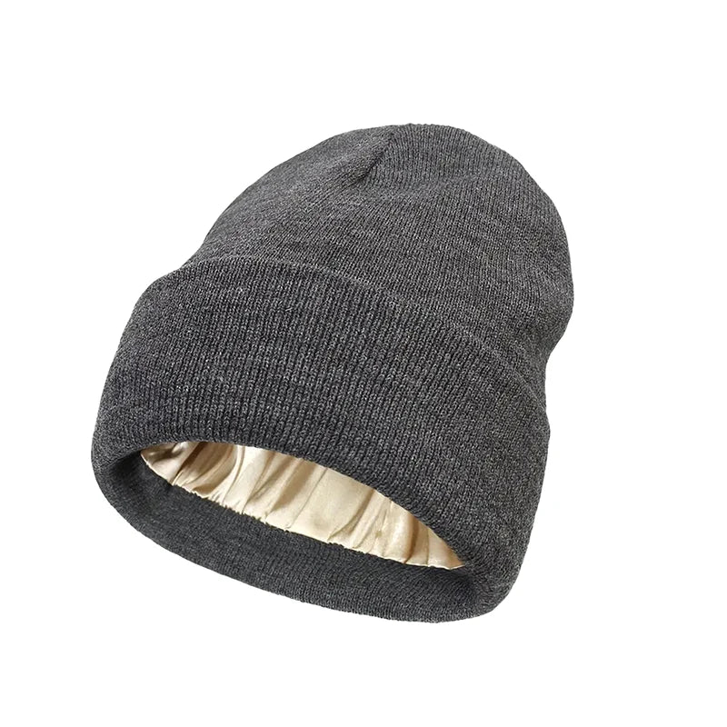 Unisex Satin Lined Anti Static Beanie Hat For Women Winter Silk Lining Slouchy Warm Cuffed 2Layer Hair Cover Sleep Cap Brief Boxers