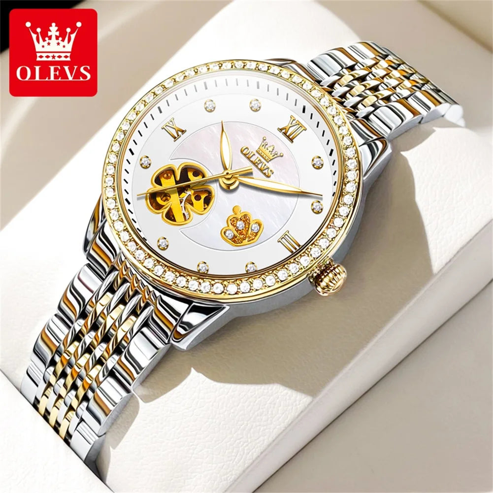 OLEVS 6706 Diamond Scale Luxury Woman Automatic Watch Hollow Mechanical Luminous Watch For Women Classic Waterproof Wristwatch Brief Boxers