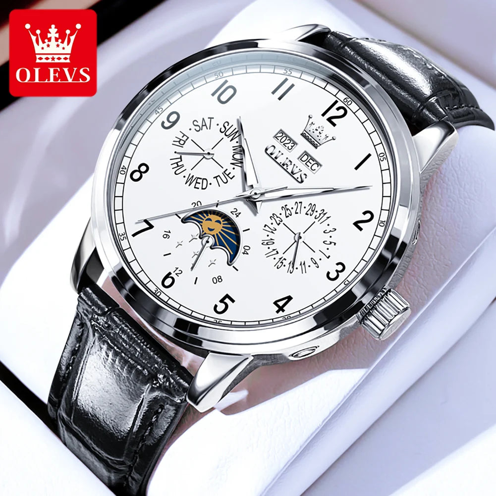 OLEVS 6698 Moonswatch Mechanical Man Wristwatch Number Scale Fashion Waterproof Watch For Men Week Date Display Automatic Watch Brief Boxers