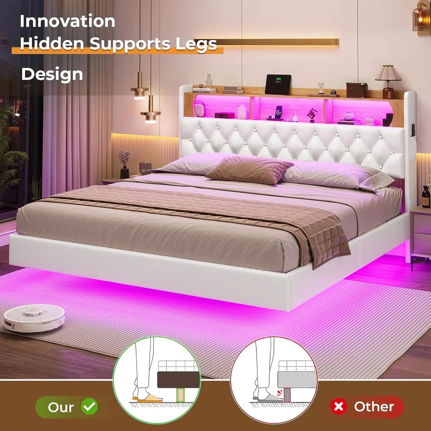 Floating Bed Frame, Floating Platform Bed with Charging Station with LED Lights & Storage Headboard, Modern LED Floating Bed