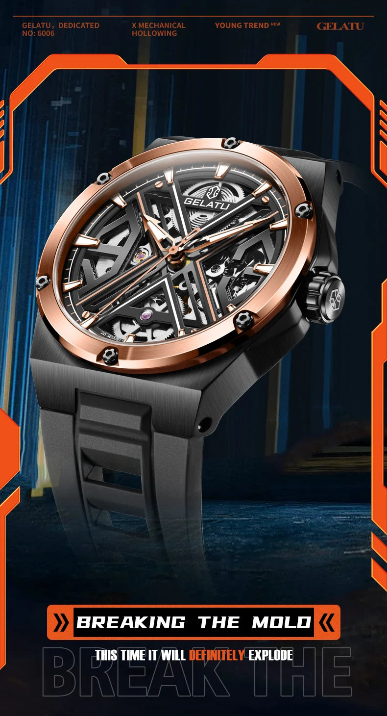 GELATU 6006 Original Deep Waterproof Man Mechanical Wristwatch Hollow Skeleton Sapphire Mirror Luxury Automatic Watch For Men Brief Boxers