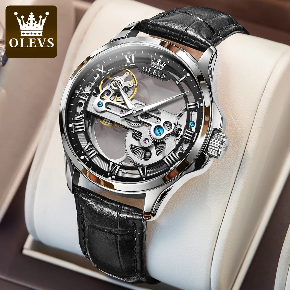 OLEVS 6661 Top Brand Automatic Mechanical Watch For Men Hollow Skeleton Roman Scale Man Watches Waterproof Business Wrist Watch Brief Boxers