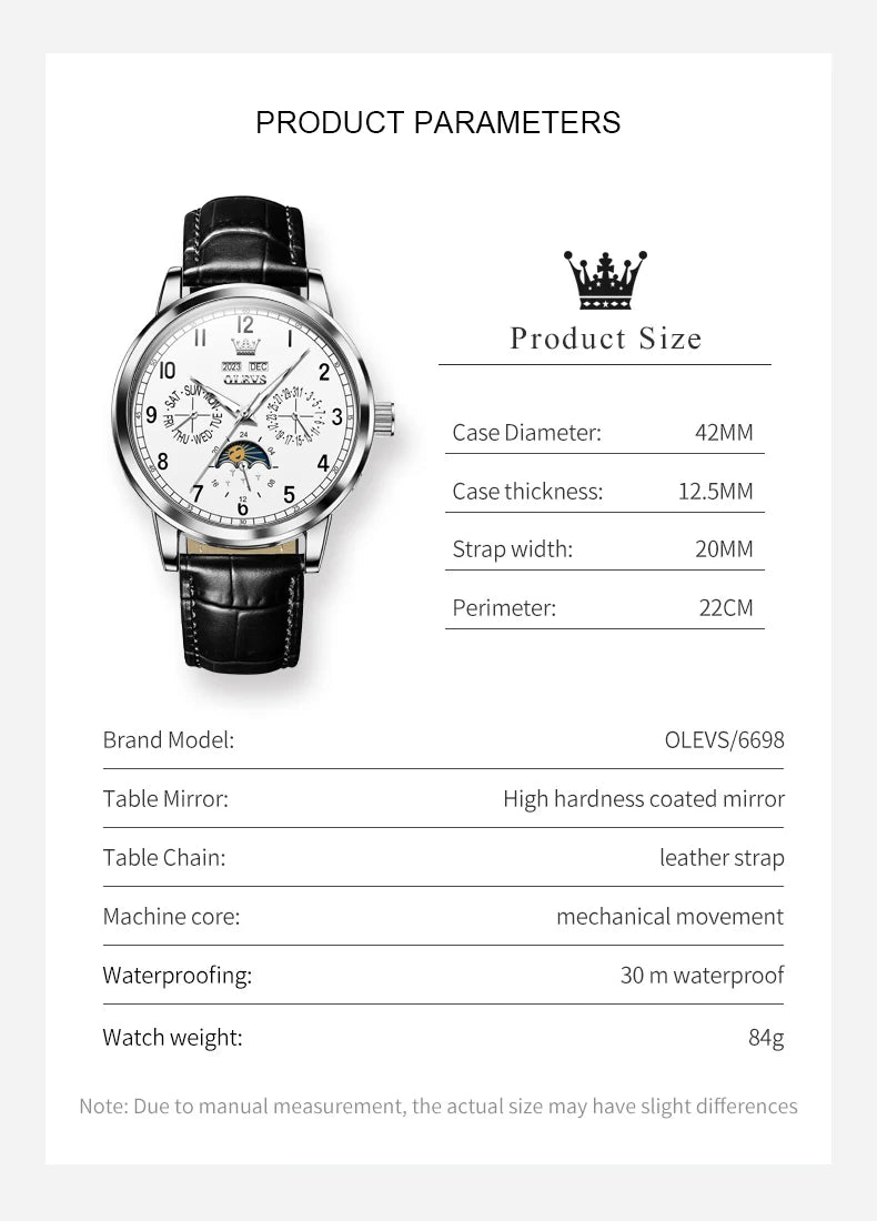 OLEVS 6698 Moonswatch Mechanical Man Wristwatch Number Scale Fashion Waterproof Watch For Men Week Date Display Automatic Watch Brief Boxers