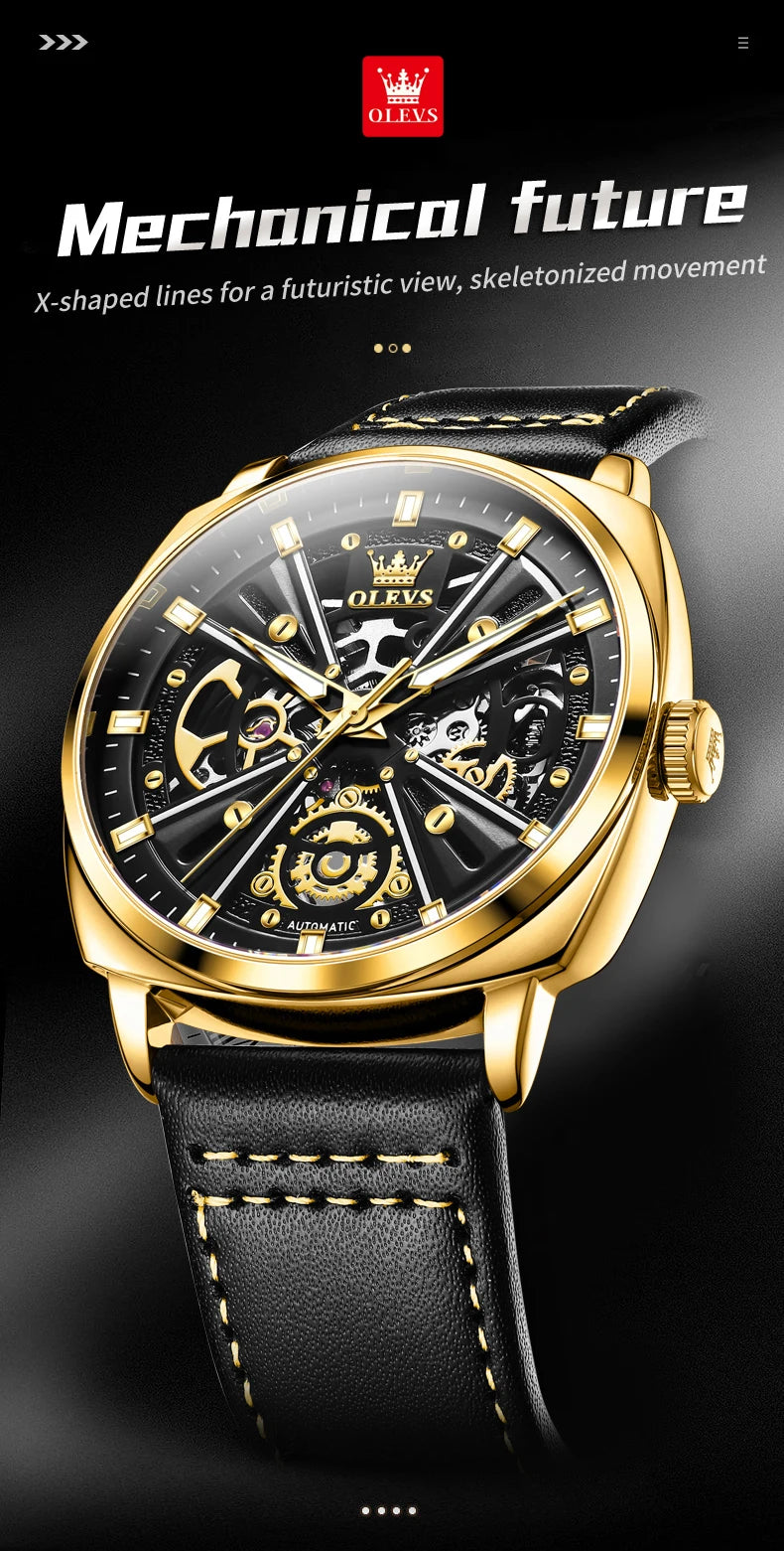 OLEVS 6685 Luxury Automatic Dress Wristwatch Hollow Skeleton Mechanical Watch For Men Waterproof Luminous Leather Man Watch 2024 Brief Boxers