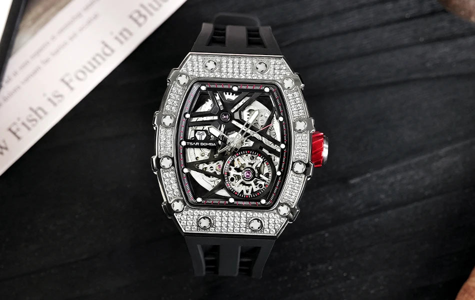 TSAR BOMBA Luxury Diamond Automatic Watch for Men Waterproof Sapphire Clock Fashion Skeleton Mechanical Wristwatch Mens Gift Brief Boxers