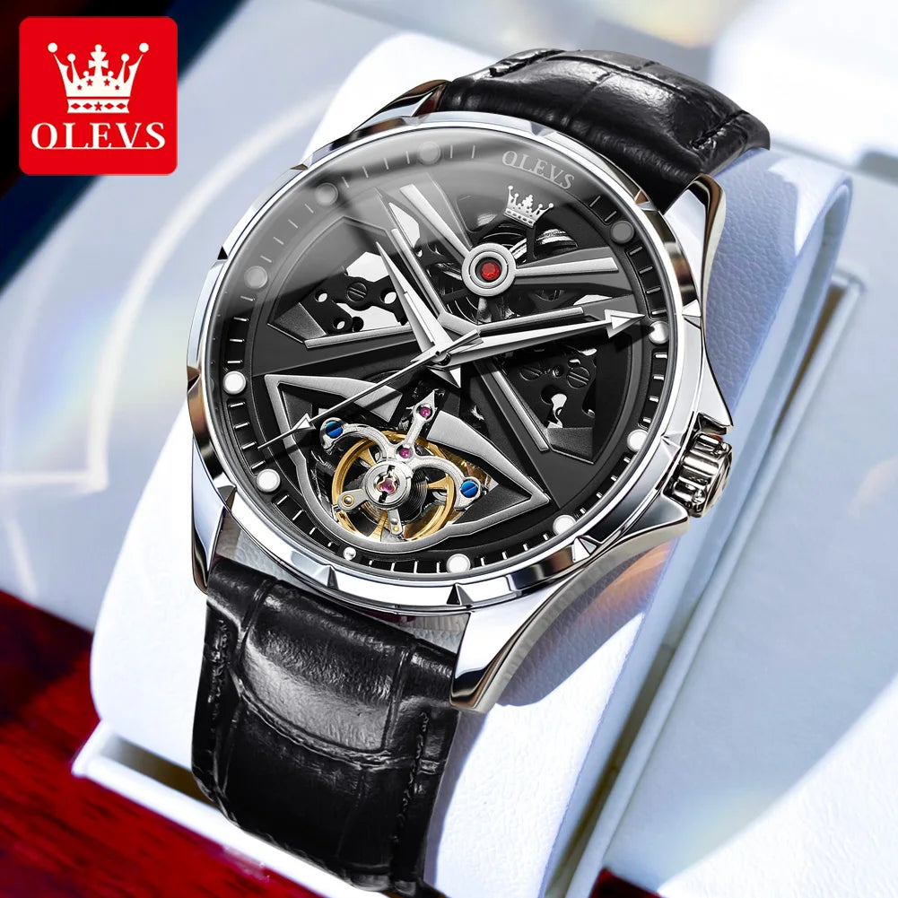 OLEVS 6655 Original Hollow Fashion Mechanical Watch For Men 42mm Big Dial Automatic Wristwatch Waterproof Luminous Dress Watches Brief Boxers