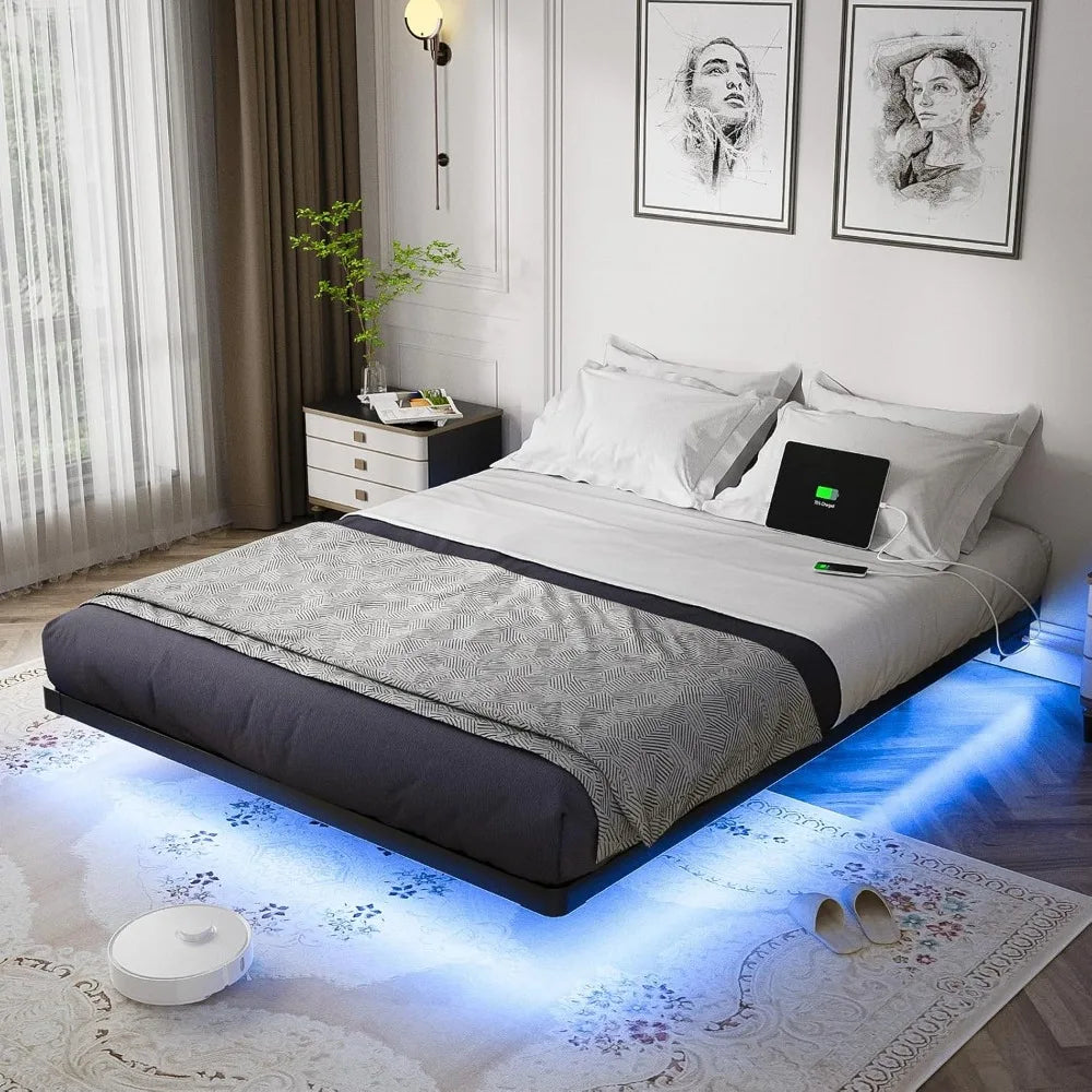 Floating Bed Frame Queen Size with Smart LED Lights and Charging Station - Modern Metal Platform Bed, Easy Assembly